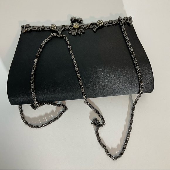 Jessica McClintock 90’s Vintage Black Satin Chain Clutch Chain Bag w/Ornate Gems - Picture 3 of 16